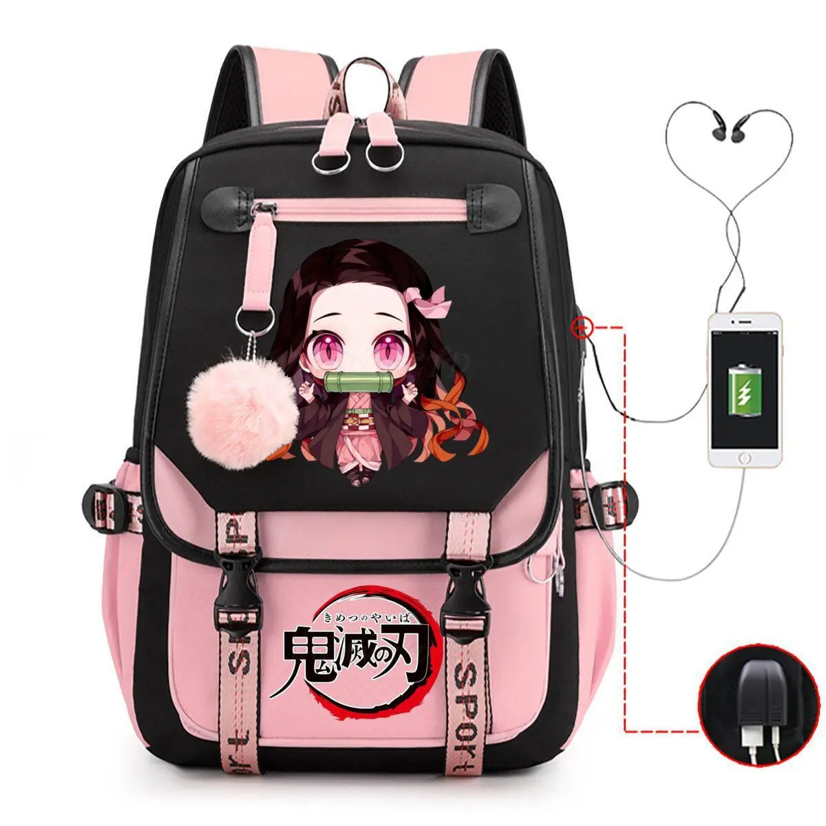 Demon Slayer Nezuko Kawaii Q Print Backpack, Girls Pink Black Anime Backpack With USB Charging Port & Pom Pom