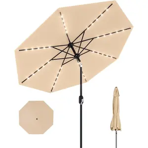 10 ft Patio Umbrella with Solar Lights, Outdoor Table Umbrella with 40 LED Lights & Tilt Crank, 8 Ribs Market Table Umbrella for Pool, Deck, Backyard, Tan