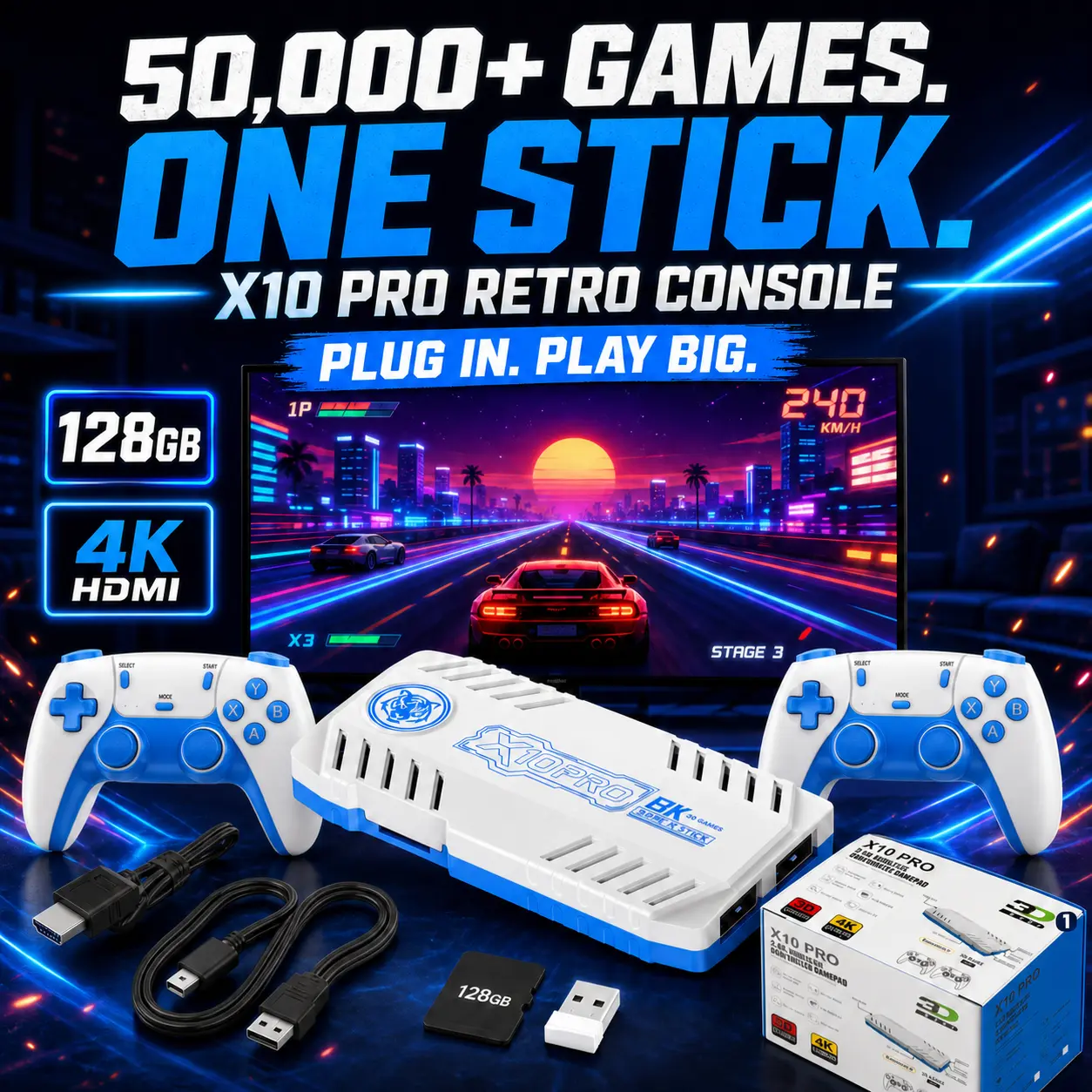 X10 PRO Retro Game Stick with 50000+ Games, 4K HDMI HD Plug and Play Game Stick with 2 Controllers, Support 50+ Simulators, 2 Player Battle (Style 1)