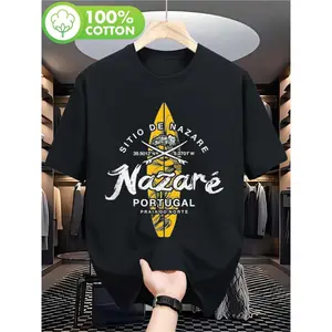 Men's Nazare Portuguese Retro Surf Shirt Vintage Surfboard Wave Pattern T - shirt Comfortable Crew Neck Short Sleeve All Seasons Machine Washable Ideal for Surfing Beach Outings Casual Wear Portuguese Surf Enthusiasts