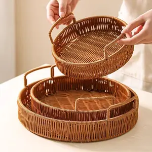 3-Piece Woven Bread Basket Set – Round Rattan Food Baskets with Sturdy Handles for Serving, Storage, and Display | Ideal for Bread, Fruit, Snacks, Vegetables, Kitchen & Dining Decor