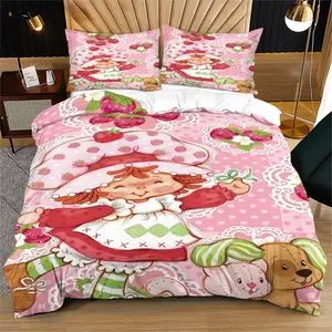 Strawberry Sweetheart Pattern Bedding Set, Soft Durable Polyester Fiber, Includes 1 Fitted Sheet and 1 or 2 Pillowcases, No Quilt or Pillow Core, Suitable For Children And Adults, Daily Holiday Birthday Gifts, Bedroom Decorations