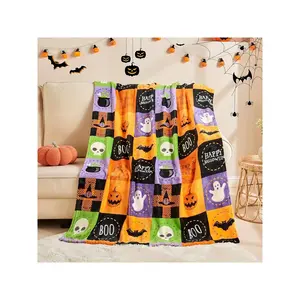 Festive Halloween Patchwork Throw Blanket with Spooky Ghosts, Jack-O'-Lanterns & "Boo" Graphics for Haunted Home Comfort