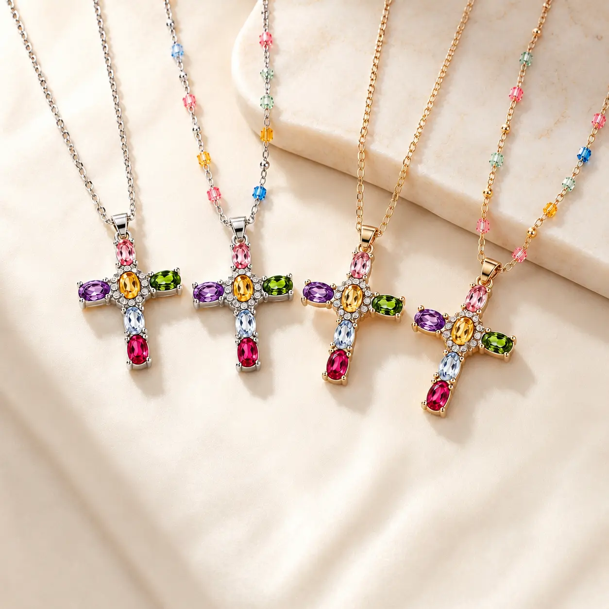 Women's Multicolor Rainbow Crystal Cross Pendant Necklace - Stackable, Multiple Styles, Y2K Aesthetic Religious Jewelry - Meaningful Birthday Holiday Gift for Daughter