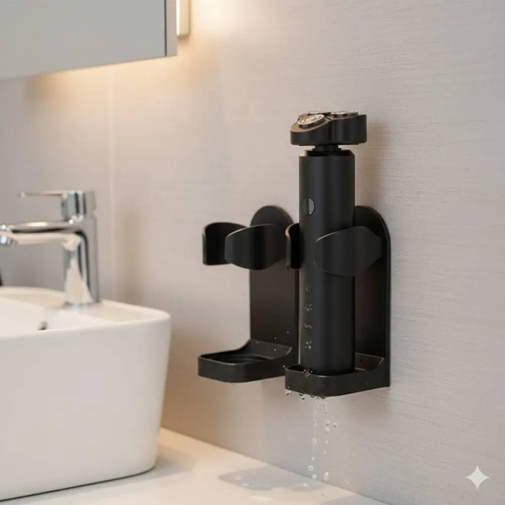 Self-Adhesive Bathroom Shaver Organizer Waterproof Wall Mounted Razor Storage Tool Space Saving Non-Slip Hook Durable Easy Clean Anti-Mold Anti-Bacterial for Grooming Essentials