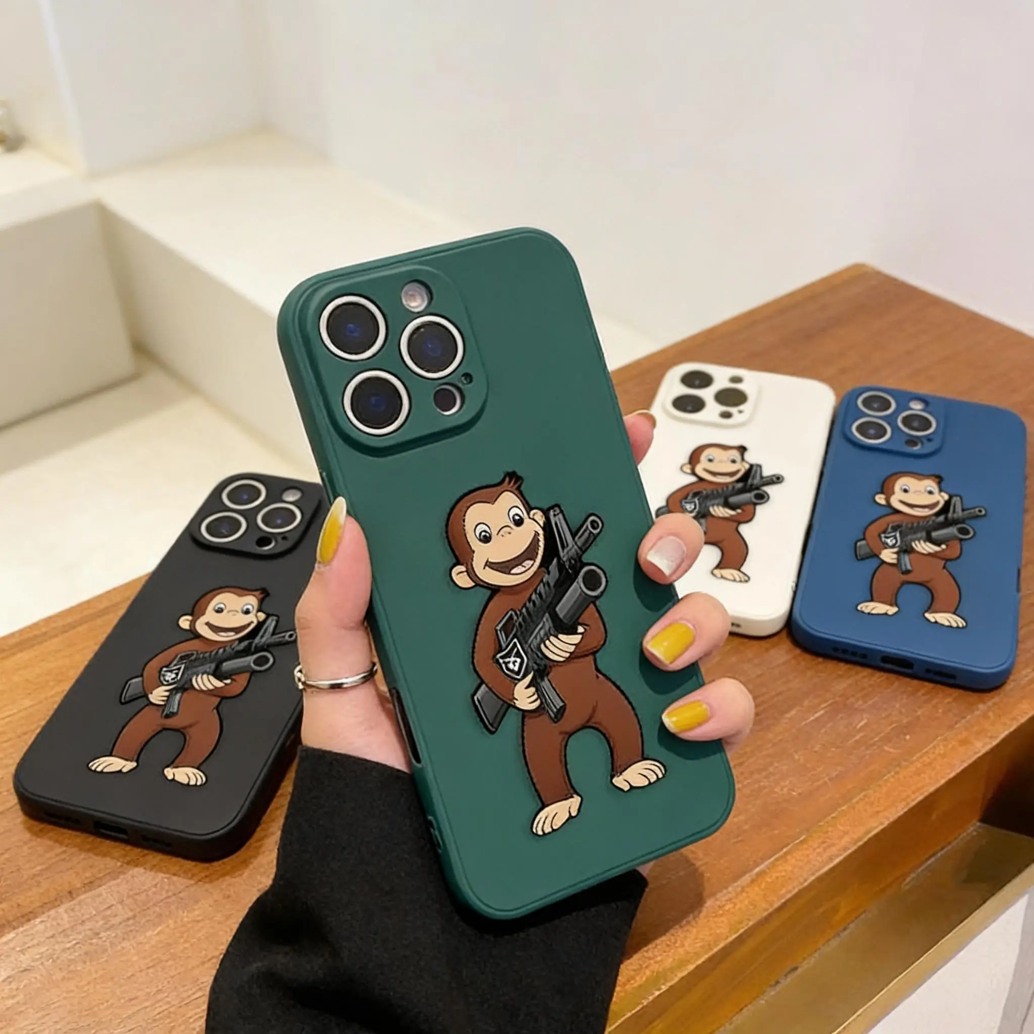 Straight-Edge Silicone Cellphone Case - Machine Gun Monkey Design, 1.2mm, Shockproof, Non-Slip, Military-Grade, Anti-Yellowing for iPhone 17,16 Pro Max,16 Plus,15,14,13,12,11,XR,X,XS Mobile Phone Accessories, Iphone 16 Plus