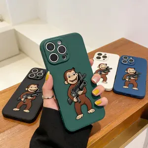 Machine Gun Monkey Pattern Straight Edge Phone Case for iPhone 17 16 Pro Max 15 14 13 12 11 Air XR E XS Plus Shockproof Non Slip Military-Grade Protection Silicone Cover