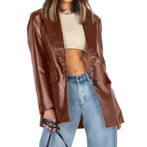 Womens Oversized Leather Jacket Long Sleeve Faux Leather Blazer Lapel Button Down Leather Shacket Coat with Pocket