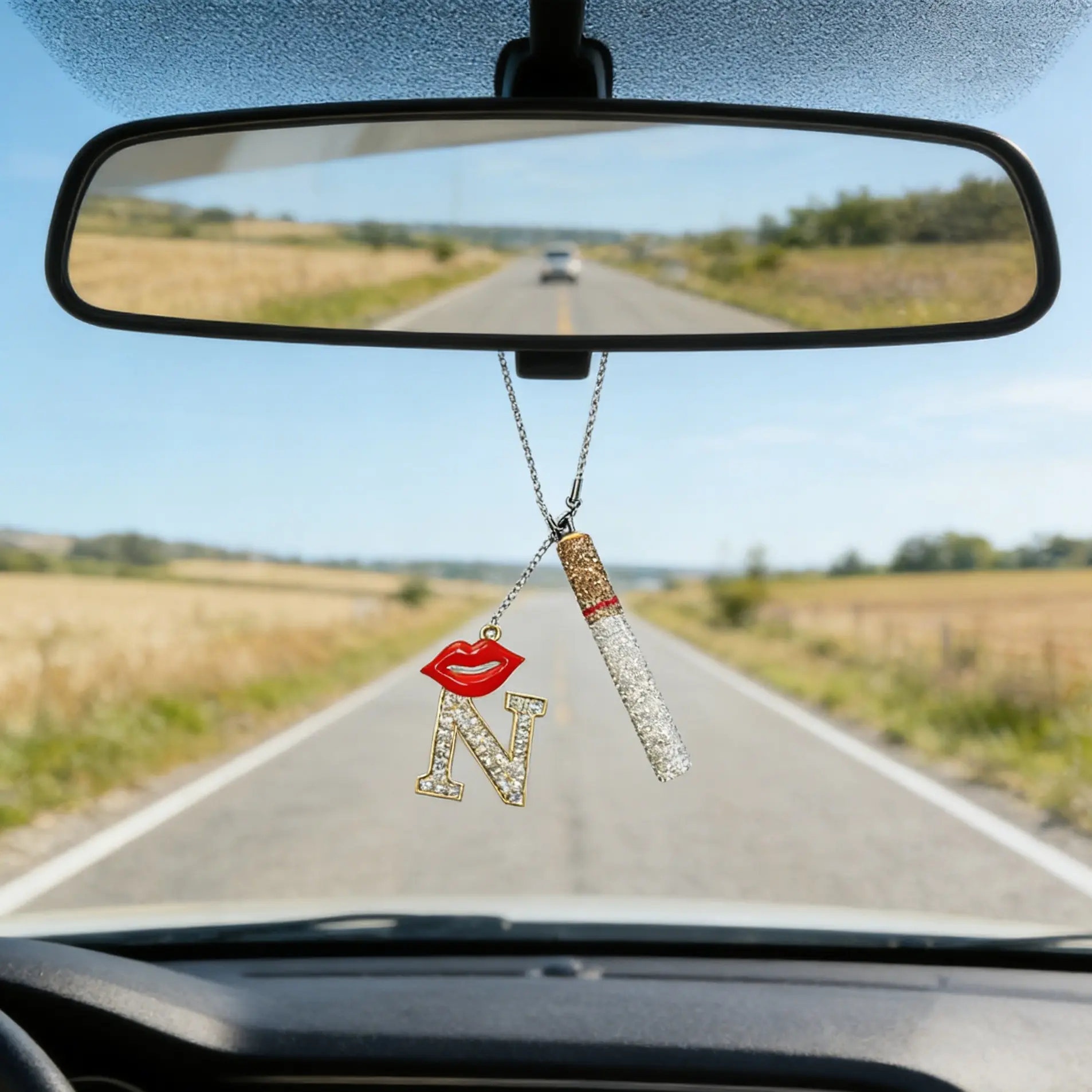 Car Mirror Charm, Letter Rhinestone Pendant, Lip Design, 26 Letters Available, Girls' Car Interior Accessory, Stylish Dashboard Ornament, Car Decoration, Sparkling Car Accessories, Girly Car Accessories