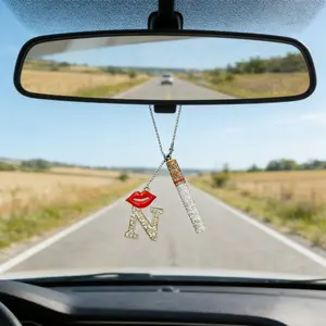 Car Mirror Charm, Letter Rhinestone Pendant, Lip Design, 26 Letters Available, Girls' Car Interior Accessory, Stylish Dashboard Ornament