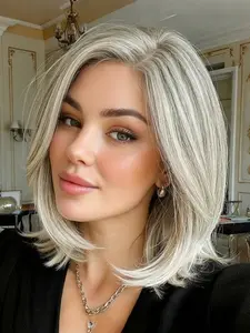Short Mix Blonde Bob Wig, Shoulder Length Straight Bob, Synthetic Hair Wigs for Women, Side Part Bangs, Daily Use