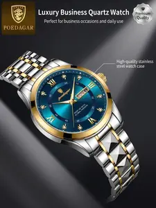 Luxury Men's Watch, 30m Waterproof, Rhinestone Roman Numerals, Night Glow Hands, Dual Calendar, Stainless Steel Band, Quartz Movement, Quartz Analog Wristwatch