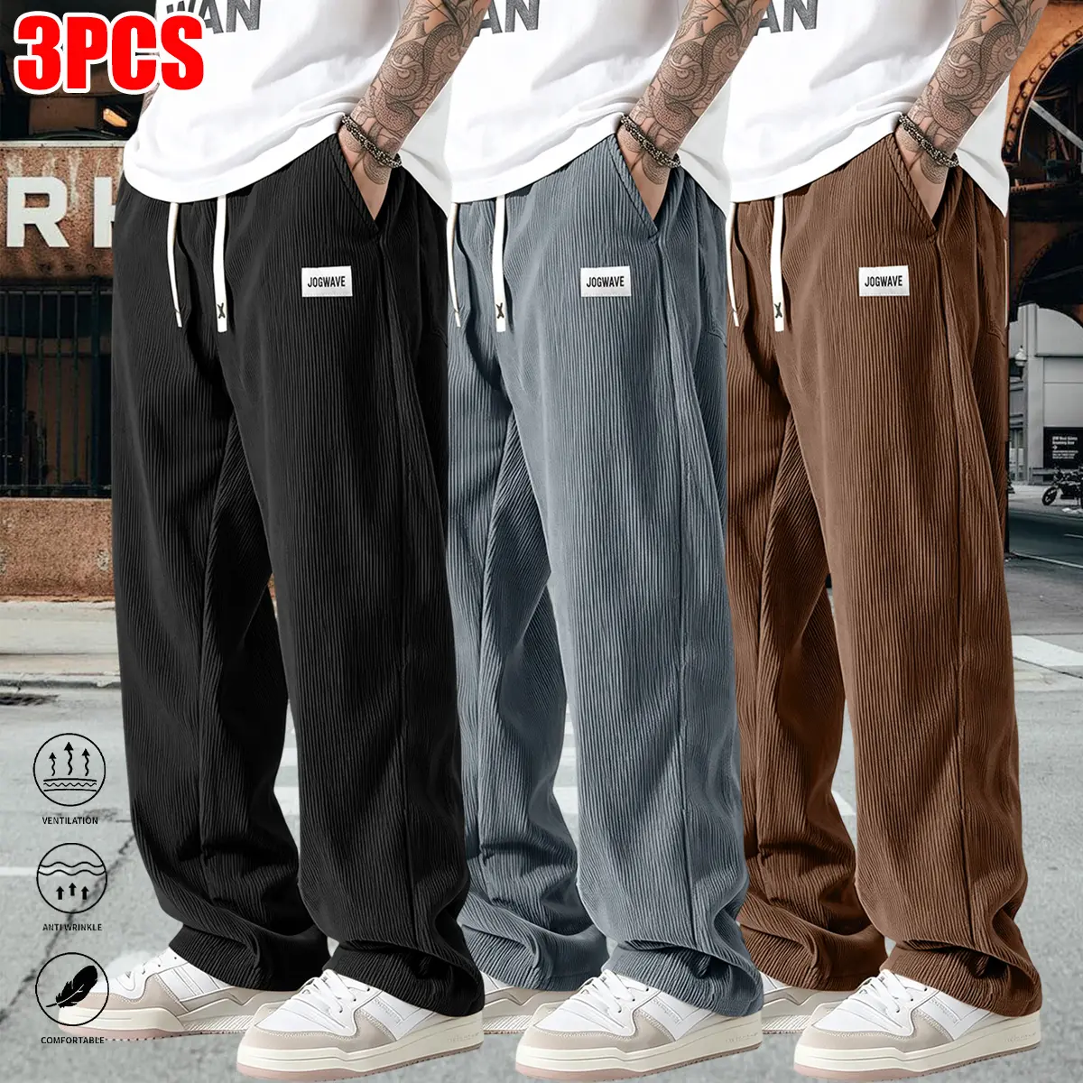 Pack of 3 men’s casual drawstring-waist wide-leg pants, solid color and comfortable; loose casual pants suitable for sports and everyday wear—essential men’s apparel.
