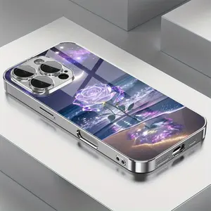 This purple seaside rose pattern TPU full-coverage electroplated silver glass phone case is drop-proof and non-slip, suitable for iPhone 17, 16, 15, 14, 13, 12, 11, Samsung and other models. It makes a great gift for friends or family.