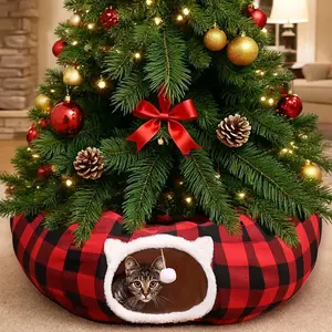 Cat Tunnel Christmas Tree Skirt, Buffalo Plaid Cat Tunnel Bed w/Hanging Ball, Two-Entry Peekaboo Xmas Cats Donut Tunnels for Indoor Small Medium Kitten Puppy Rabbit Ferret Under Tree Decor