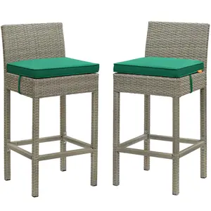 Modway Conduit Bar Stool Outdoor Patio Wicker Rattan Set of 2 in Light Gray Green