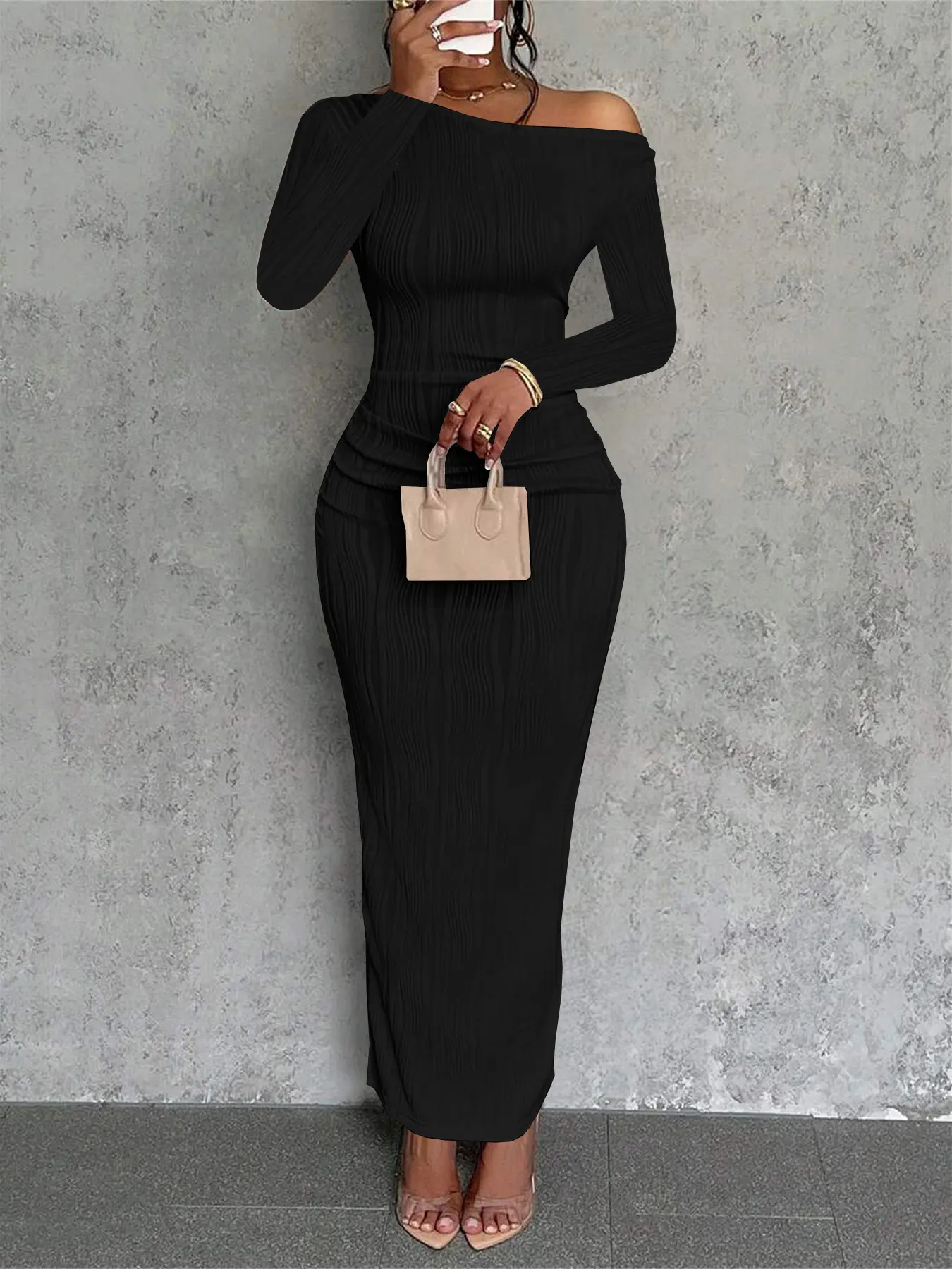 Women's Casual Elegance Long Sleeve Long Dress, Solid Plain Slim Fit Design, Womenswear, Perfect for All Seasons & Occasions, Ideal Gift for Valentine's Day & New Year Celebrations
