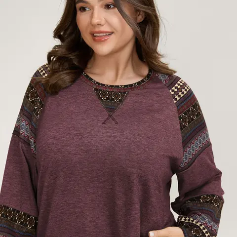 BloomChic Women's Plus Size Knit Top - Women's Fashion, Casual Chic Fit, Colorblock Geometric, Breathable Long Sleeve Round Neck, High Stretch Curvy Clothes for Back to School