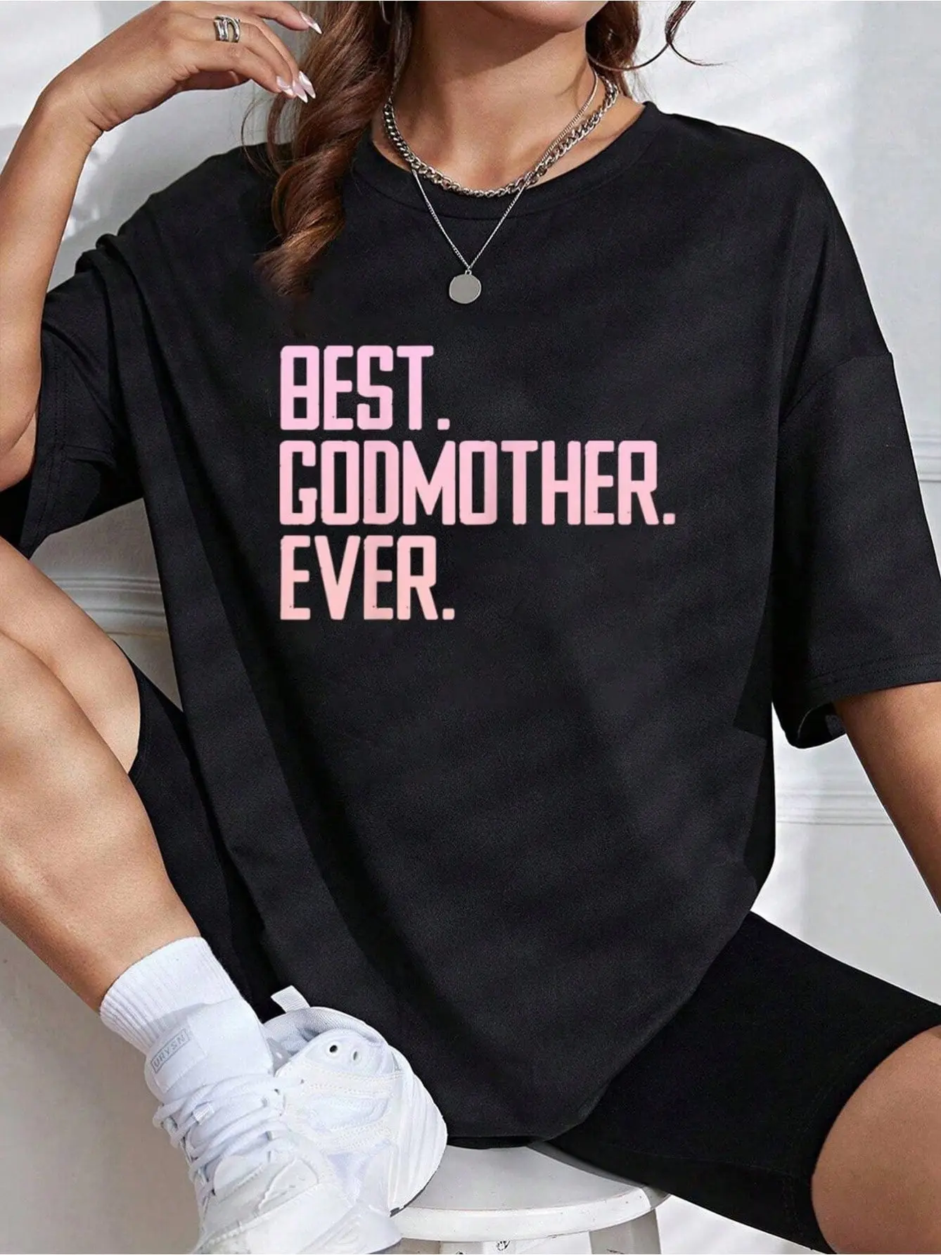 Women's Graphic "Best Godmother Ever" Crew Neck Short Sleeve T-Shirt - Colorful, Comfortable, Lightweight 1-Piece Printed Casual Top, Round Neck, Style