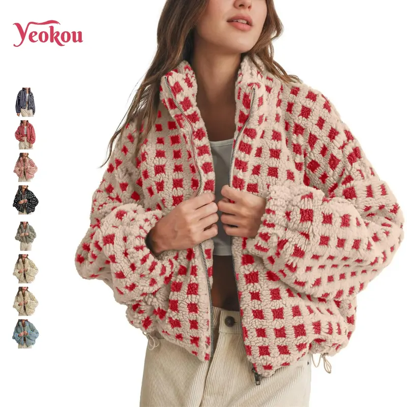 Yeokou Women's High Neck Cute Casual Thanksgiving Winter Sherpa Fleece Jacket, Long-Sleeve Zippered Coats with Pockets