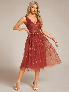 Ever-Pretty V-Neck Leaf Sequined Sleeveless A-Line Midi Wedding Guest Party Date Dress 02106