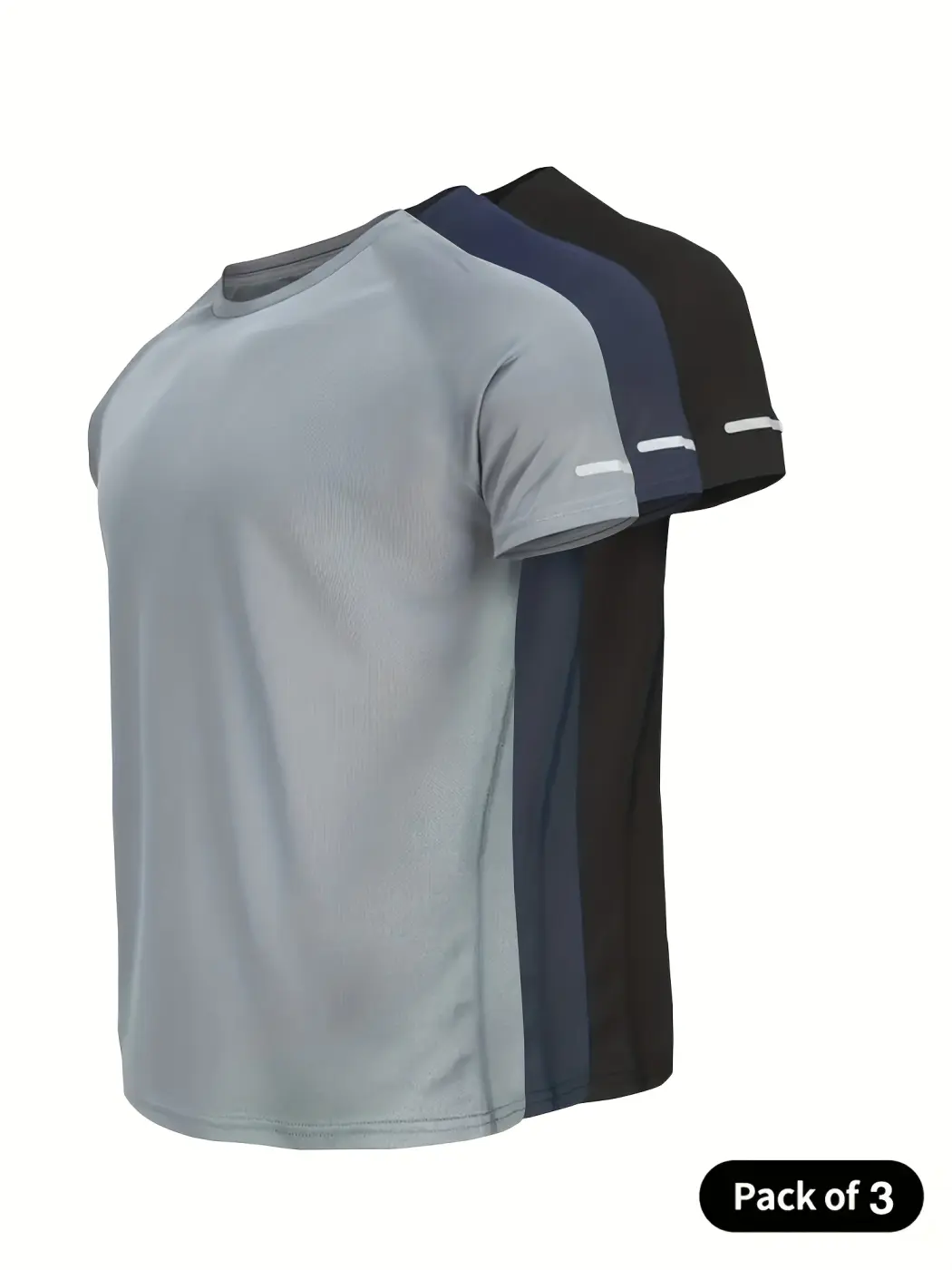 MTTYYD 3-Pack Grey - Navy - Black Casual Sports Printed Reflective T-Shirts, Breathable Quick-drying Short-Sleeved Round-Neck Tops, Sports Running Shirts, Sweat-Wicking T-shirts, Sports Gym Short-Sleeved Shirts