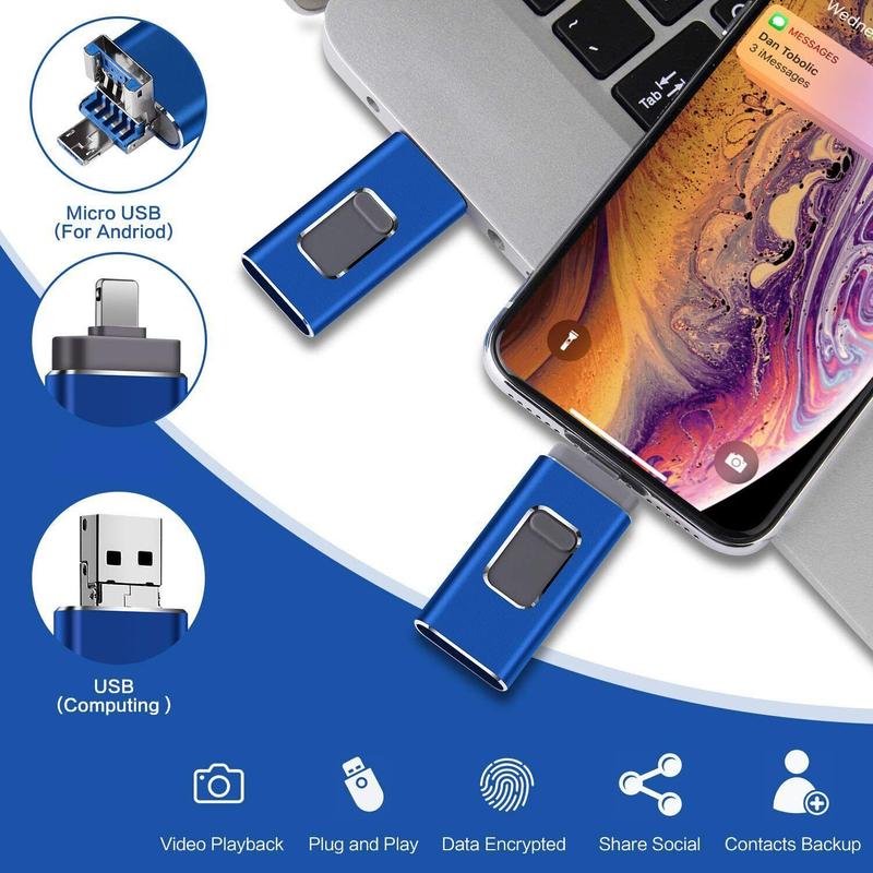 Portable 4-in-1 USB 3.0 Flash Drive for iPhone & Type-C & Android & PC, Easy Backup & File Transfer, iPhone Photo Stick Memoria Portátil Pendrive Memory Stick 64GB 128GB 256GB 512GB 1TB External Storage