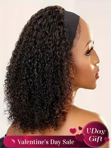 Valentine's Day Curly Headband Wig, 16 Inch Human Hair, No Gel Kinky Curly, 180 Density, for Women, Party Style