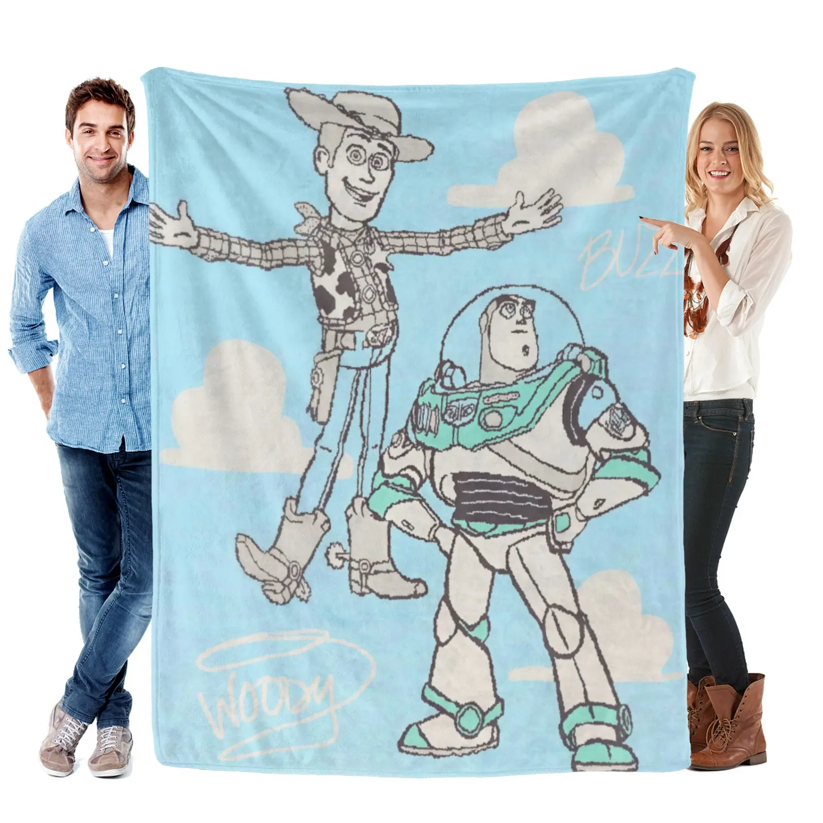 [Summervibes] Disney Retro Line Sketch Woody Buzz Toy Story Blanket - Wrinkle Resistant Plush Fabric, Decorate Teen Bedroom With Toy Story Bedding
