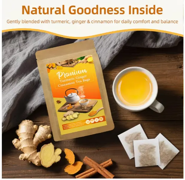 Premium Turmeric Ginger Cinnamon Herbal Tea Bags, Natural Ingredients Beverage, No Sugar, No Additives, Caffeine-Free, Vegan-Friendly