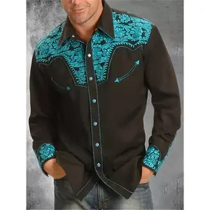 Men'S Long Sleeve Western Shirt - Black with Turquoise Floral Pattern on Collar & Cuffs, Button-Up Casual Style, Polyester Fabric, Perfect for All-Season Wear, Western Style Shirt