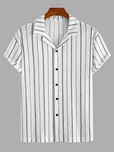 Men's Stretch Knit Jacquard Striped Short Sleeve Shirt, Casual Button Down with Classic Collar, Fitted Design for Summer & Daily Wear
