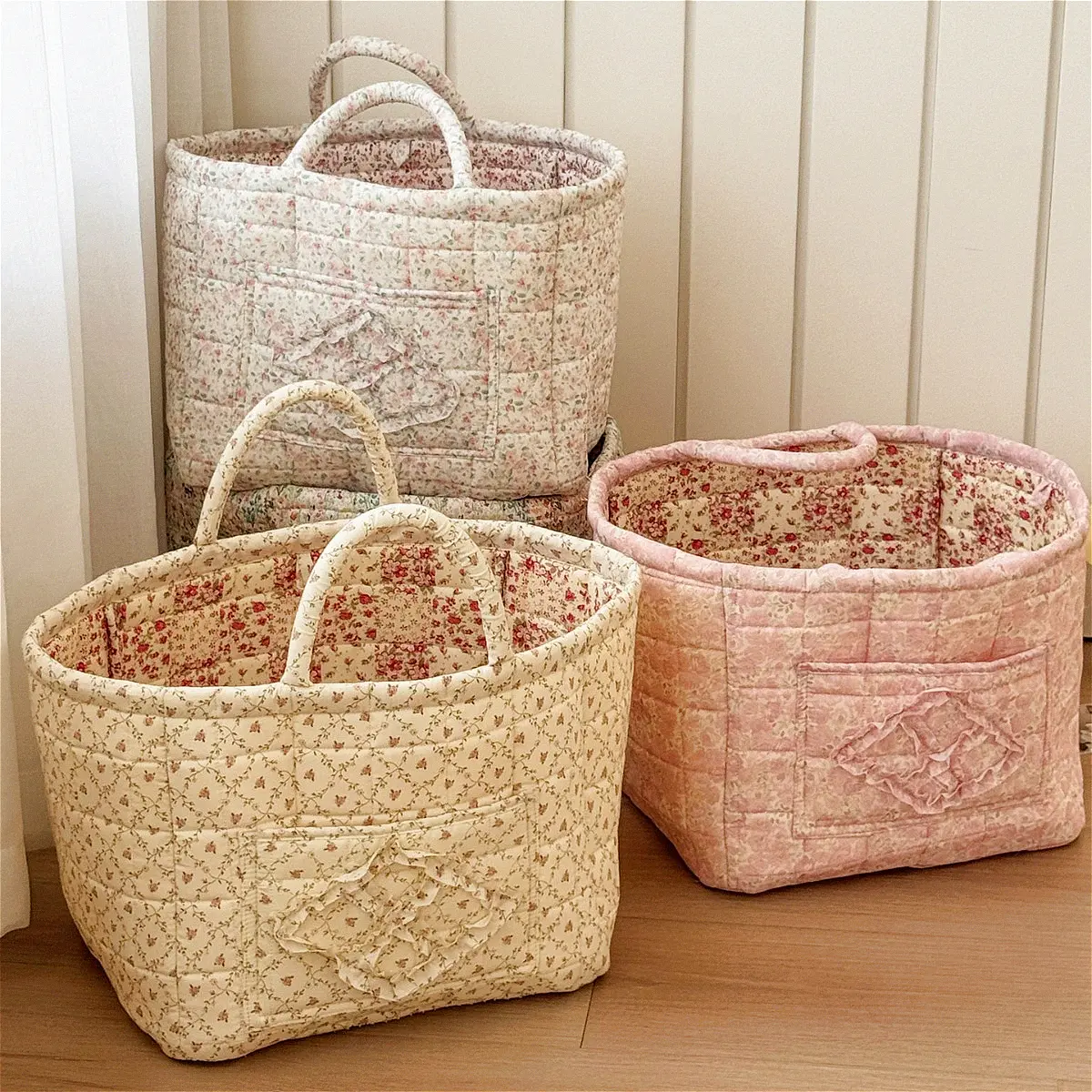 Classic Eco-Friendly Collapsible Floral-Pattern Laundry Basket - Large-Capacity Lightweight Woven Home Supplies Organizer with Handles, Space-Saving, Brightens Rooms, Ideal for Bedroom, Clothes & Toys Storage