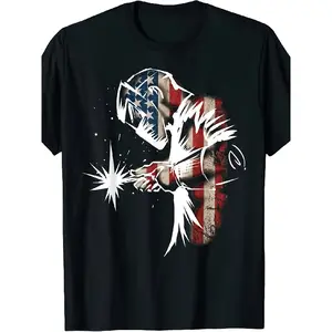 Men'S & Women'S Heavyweight 220gsm Welding T-Shirt - American Flag Welder Graphic Tee with Welding Helmet Design - Patriotic Industrial Workwear Apparel - All-Season Round Neck Shirt for Welders, Welding Gifts, and Union Members - Welding Enthusiast Cloth