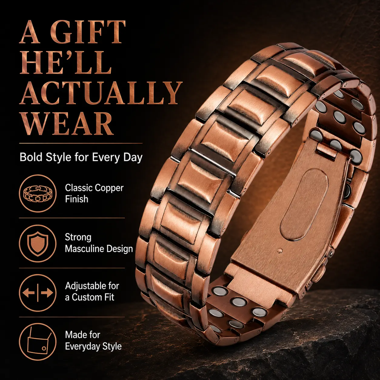 Men’s Magnetic Copper Bracelet with Bold Look, Magnetic Links, Adjustable Fit – Mens Gifts for Dad