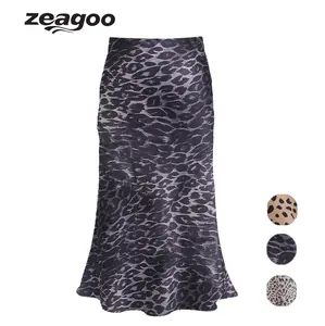 Zeagoo Leopard Skirts for Women Midi Long Length High Waist Cheetah Skirts Satin Silk Elastic Skirts(S-XXL) Spandex Womenswear