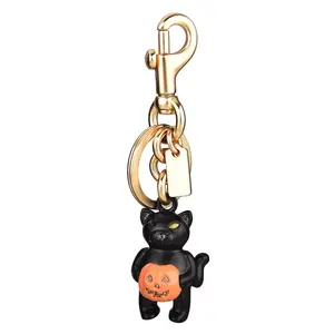 Cute Black Cat with Pumpkin Halloween Keychain, Trendy Bag Charm Pendant