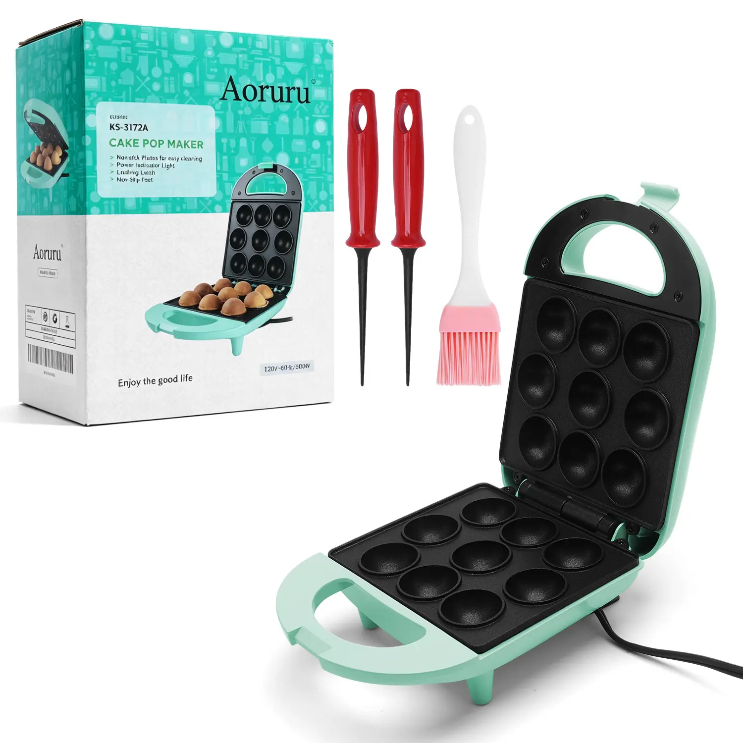 9 Cavity Mini Cake Pop Maker, 120V 500W Non-Stick Electric Lollipop Cake Ball Machine with 2 Sticks & Silicone Oil Brush, Cool Touch Handle Indicator Light DIY Dessert Maker for Home Baking Kids Birthday Party Snacks