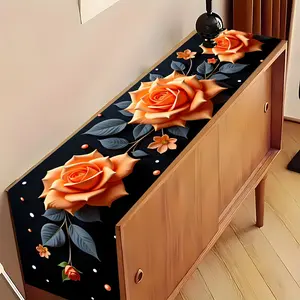 1pc Elegant Black & Orange Rose Table Runner Luxury Floral Rectangular Polyester Tablecloth with Black Background & Orange Roses Perfect for Dining Tables Holiday Parties & Home Decor
