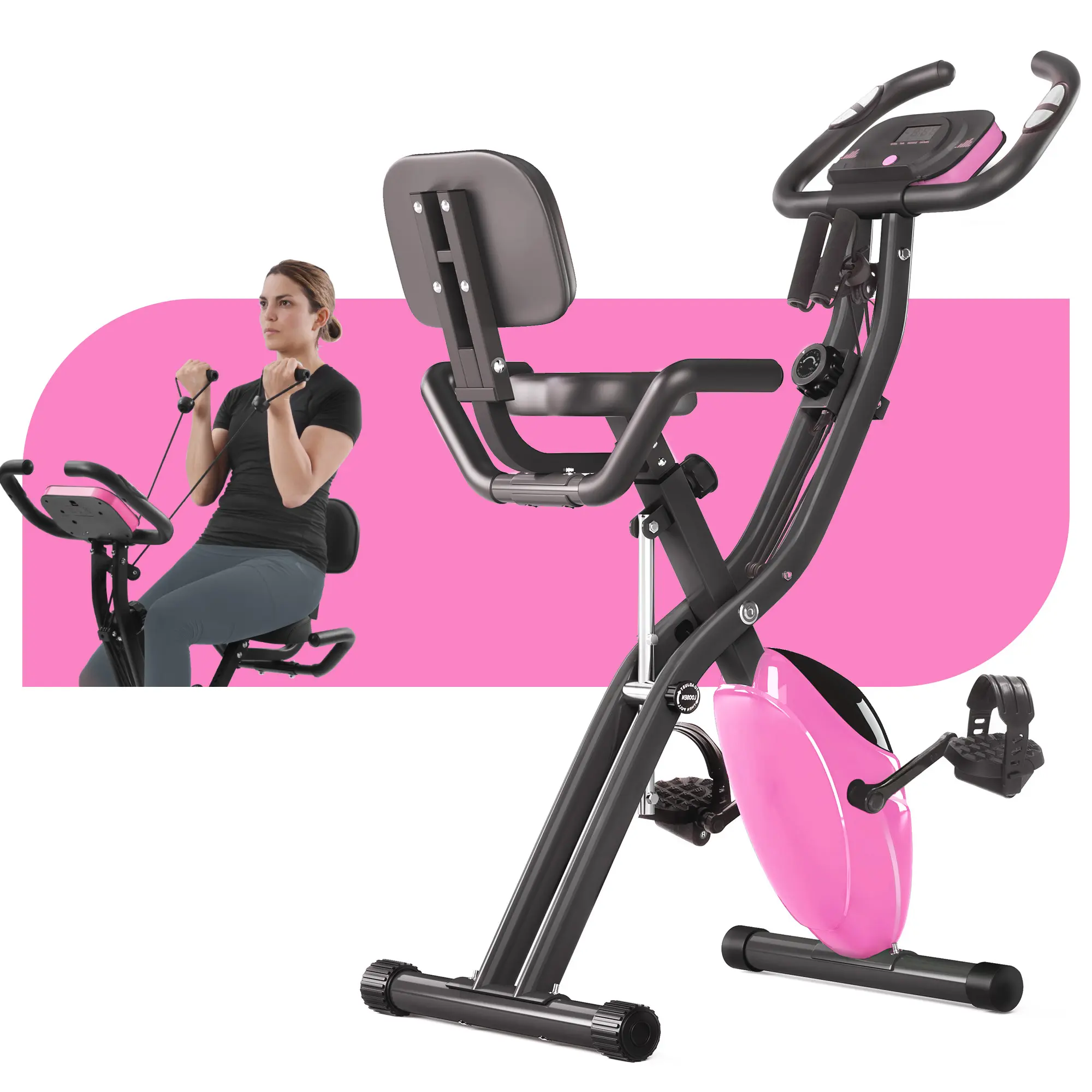 Exercise Bike, Folding Exercise Bike for 330LB Capacity, Fitness Upright and Recumbent X-Bike with 10-Level Adjustable Resistance, Back Support Cushion for Home Gym Workout