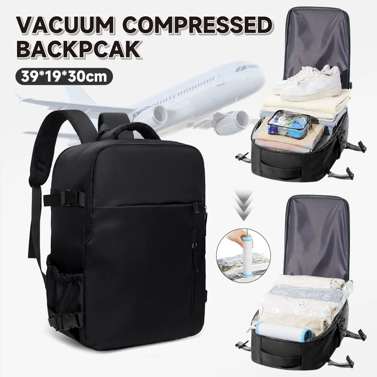 Large Capacity Backpack, Multifunctional Sport Backpack, Viz Airline Cabin Bag 40x30x20cm, Vacuum Compress Bag, Unisex Travel Bag, Shoe Compartment, Compression Travel Backpack