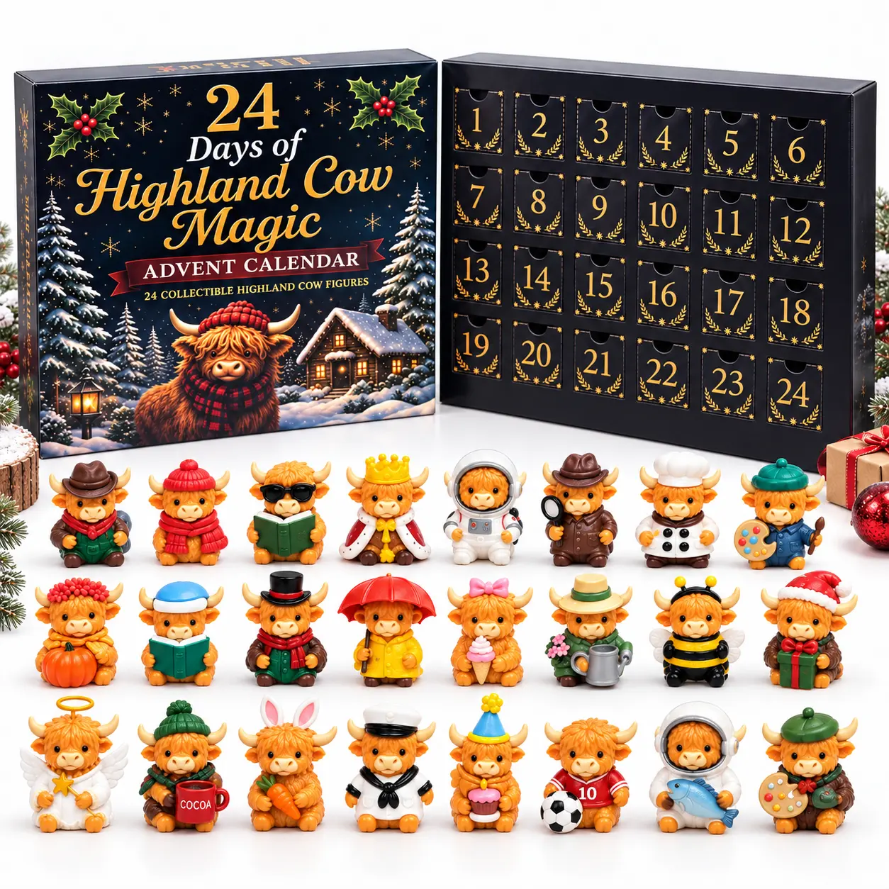 24-Day Highland Cow Advent Calendar - Christmas Countdown Gift Box with Collectible Mini Figurines, Festive Holiday Home Decor Toy Set, Ideal Present for Kids & Cow Enthusiasts