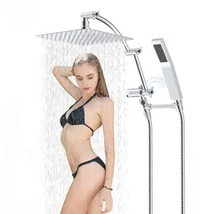 Hibbent All Metal 10'' Rainfall Shower Head, Square Shower Head Combo, High Pressure Handheld Shower Wand, 16'' Adjustable Arc-shaped Shower Extension Arm, 71'' Hose, 2 Showerhead Holders, Chrome