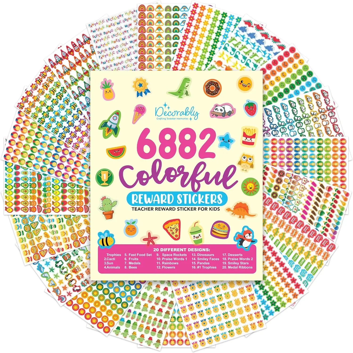 Decorably 6,882 Reward Stickers for Kids Classroom | Small Reward Stickers, 60 Sheets with 20 Designs for Sticker Charts, Classroom Activities & Positive Reinforcement