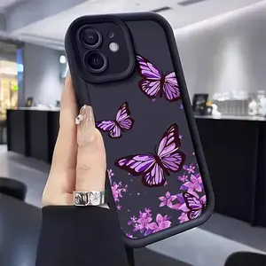 Elegant And Romantic Style: a Black Phone Case Featuring Purple Butterflies And Pink Flower Patterns That Add a Touch of Romance, Compatible with Iphone 16, 15, 14, 13, 12, 11 Pro Max, XS, And XR.