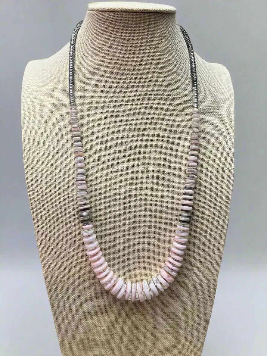 Pink Conch Graduated Necklace with 10mm Sterling Pearl — 22 inch (Handmade in North Texas)