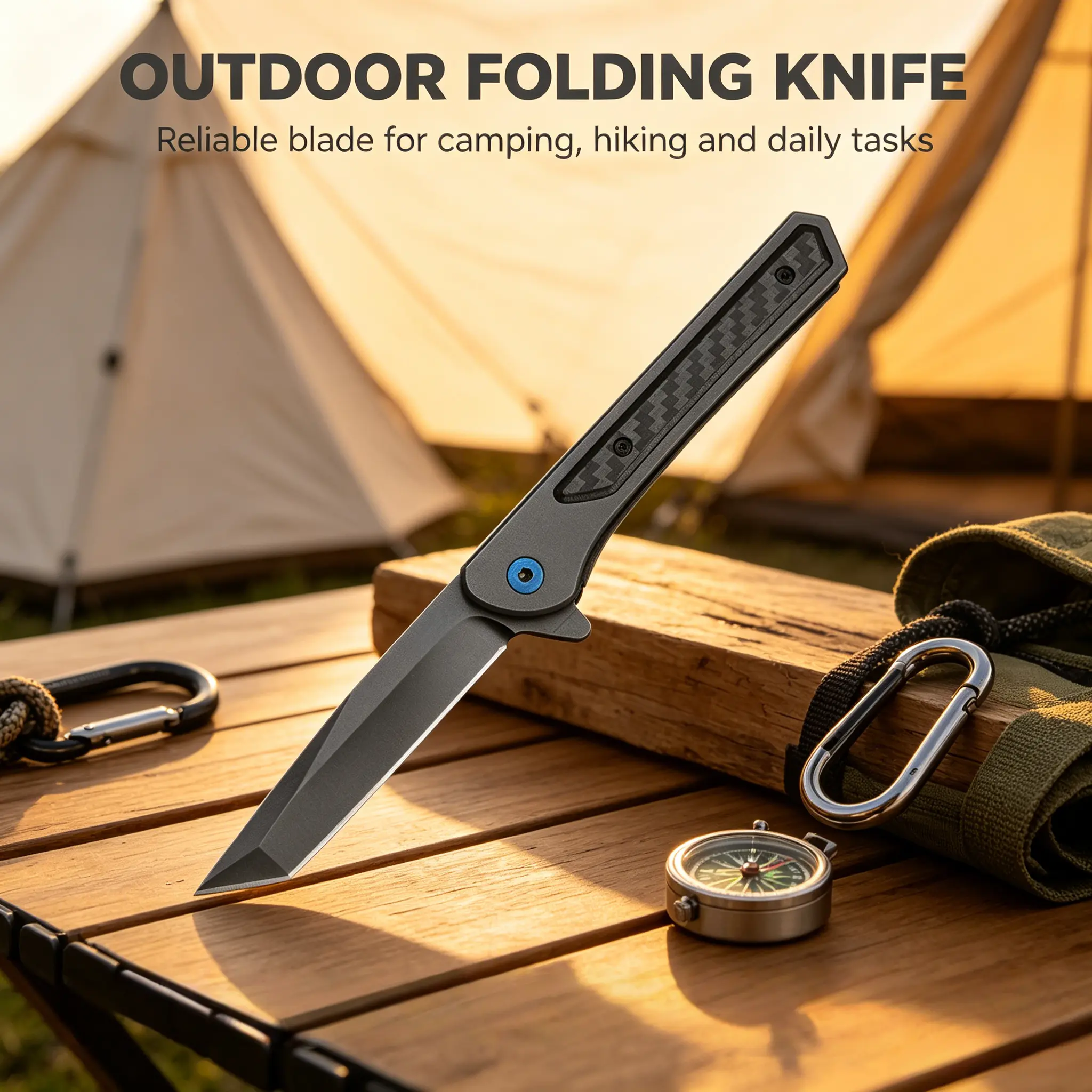 Compact Slim Folding EDC Pocket Knife - 14C28N Sharp Tanto Blade, Titanium-Coated Handle with Carbon Fiber Inlay, Smooth Flipper Liner Lock 1-Hand Open Utility Tool for Camping, Hiking
