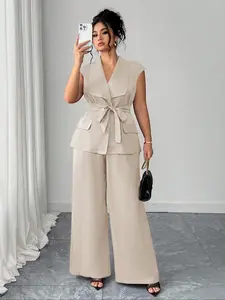 [Plus Size] Solid Color Belted Sleeveless Blazer & Wide Leg Pants Set, Suits, Elegant Fashion Casual Two-piece Outfits for Daily Outdoor Wear, Women Clothing for All Seasons