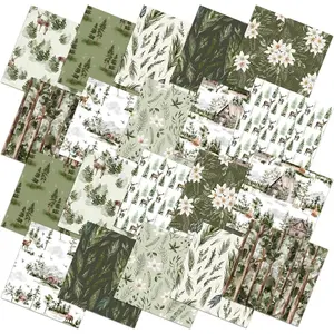 10 Pcs Watercolor Forest Quilt Fabric Bundles, 18 x 22 Inch, Vintage Green, Christmas Tree, Flower, Deer, Fat Quarter, Xmas Rustic Quilting Patchwork for DIY Handmade Sewing Crafting