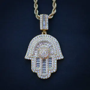 Iced out Hamsah Baguette Pendant - Gold